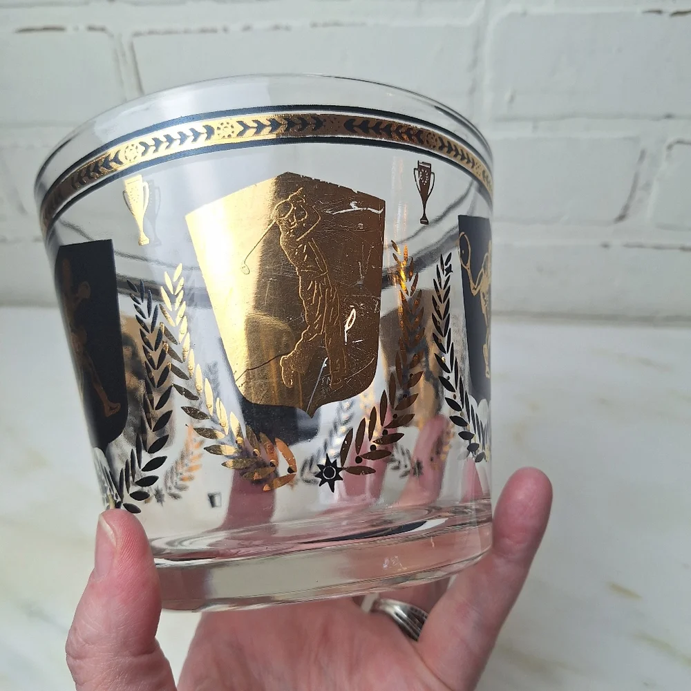 Vintage Glass Ice Bucket Barware 1950’s Sports Theme Black And Gold Trophies